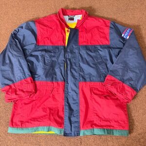 Vintage Bugle Boy Classics Colorblock Jacket Mens XL Red Navy Yellow Fleece Line